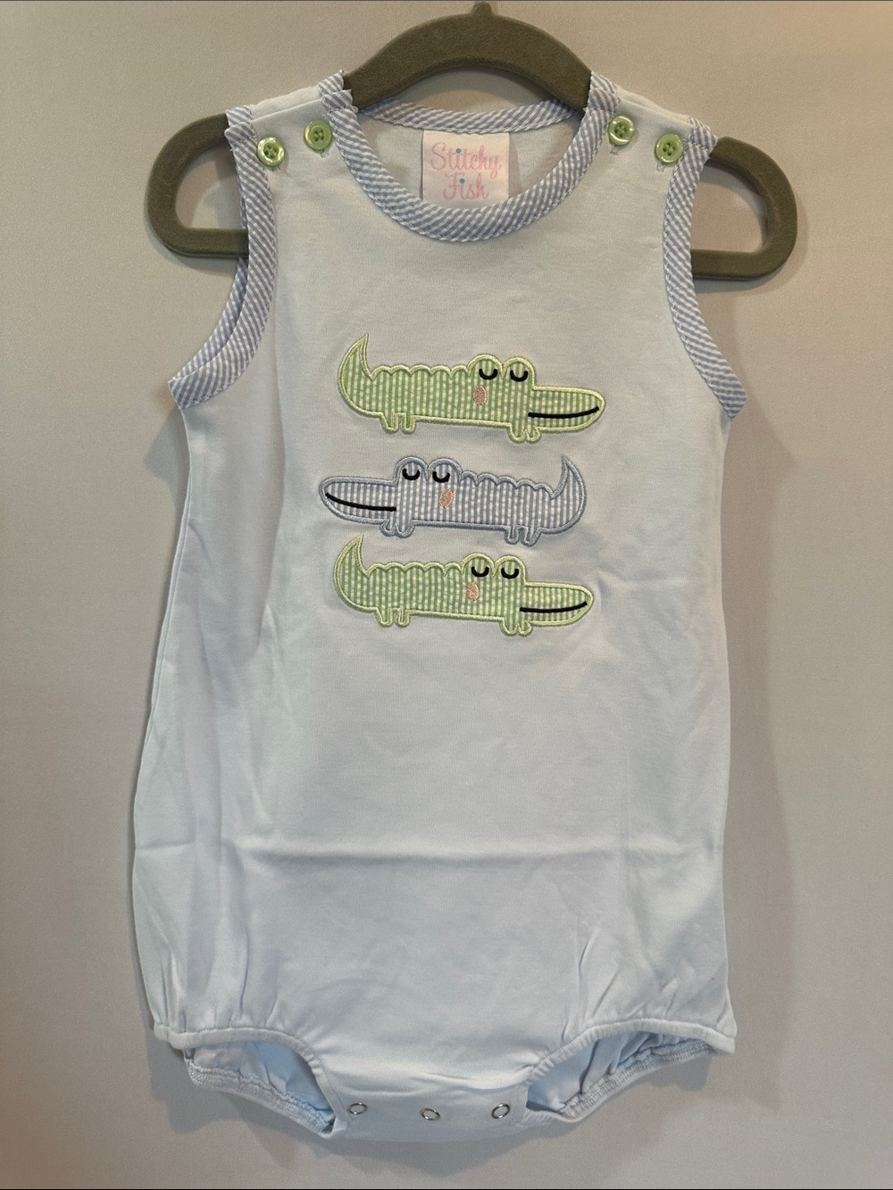 Stitchy Fish White Baby One-Piece Sleep Sack with Blue & Green Croc Appliqués